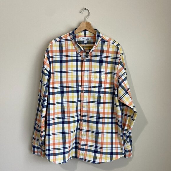 Old Navy Men's (XXL) Everyday Shirt- Regular Fit Yellow, Navy, Peach Plaid - Picture 1 of 6